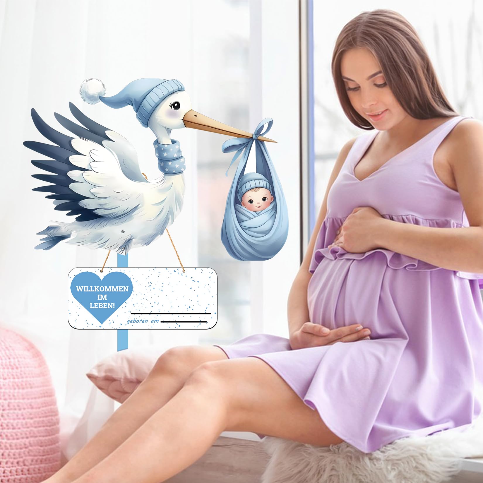 Cigogne à Clapette pour Naissance Bébé Imprimé Sur Deux Faces avec Bâton en Bois Plaque Nominative pour L'intérieur Et L'extérieur Idée Cadeau Naissance (Bleu)