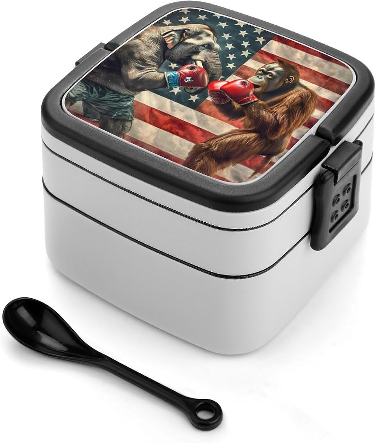 Elephants And Gorillas Funny Boxing Bento Box with Spoon 2 Layer Food Container Cute Lunch Box for Travel Dining Work