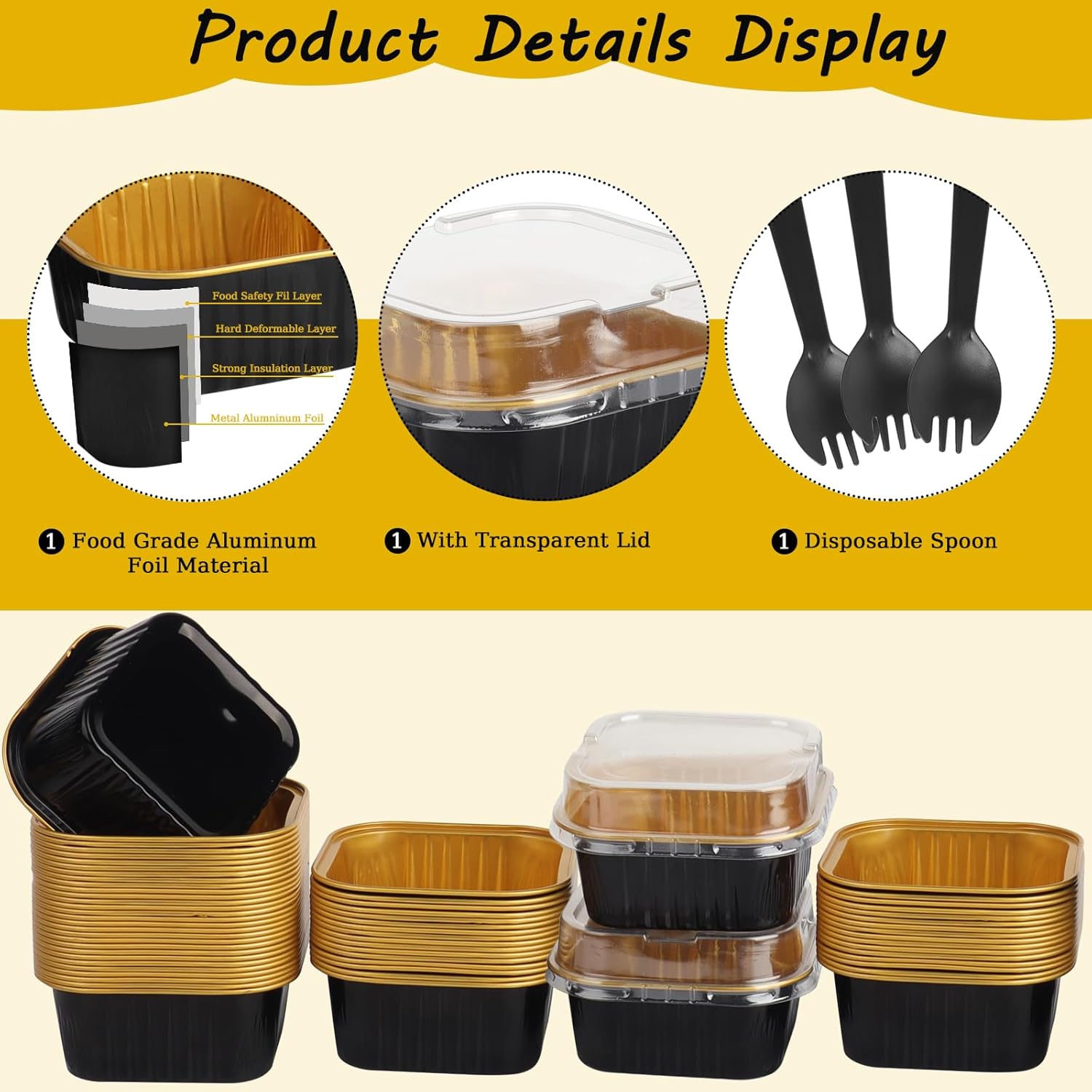 60 Pack 5 OZ Mini Cake Pans with Lids, 3.5x3.5 Inch Mini Cake Tins, Aluminum Foil Square Baking Cups Disposable Cake Containers for Party, Wedding, Birthdays, Black and Gold - Image 3