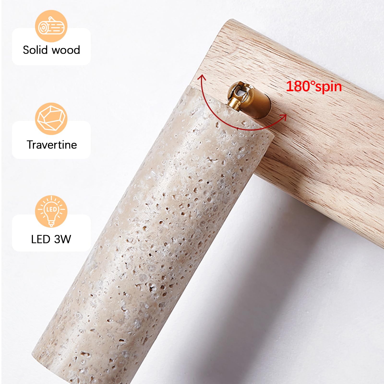 Apliques de Pared Modernos Interior Lámpara de Pared de Travertino Amarillo Natural de 3W Luz de Lectura LED de Montaje En Pared Luz de Pared de Mármol Ajustable con Interruptor de Encendido/Apagado