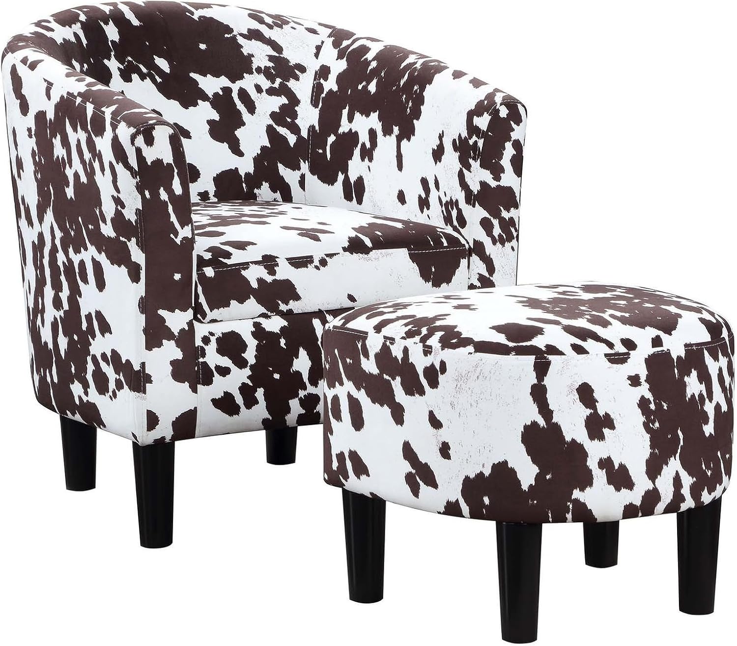 Convenience Concepts Take a Seat Churchill Accent Chair w/Ottoman in White and Brown Cowhide Fabric