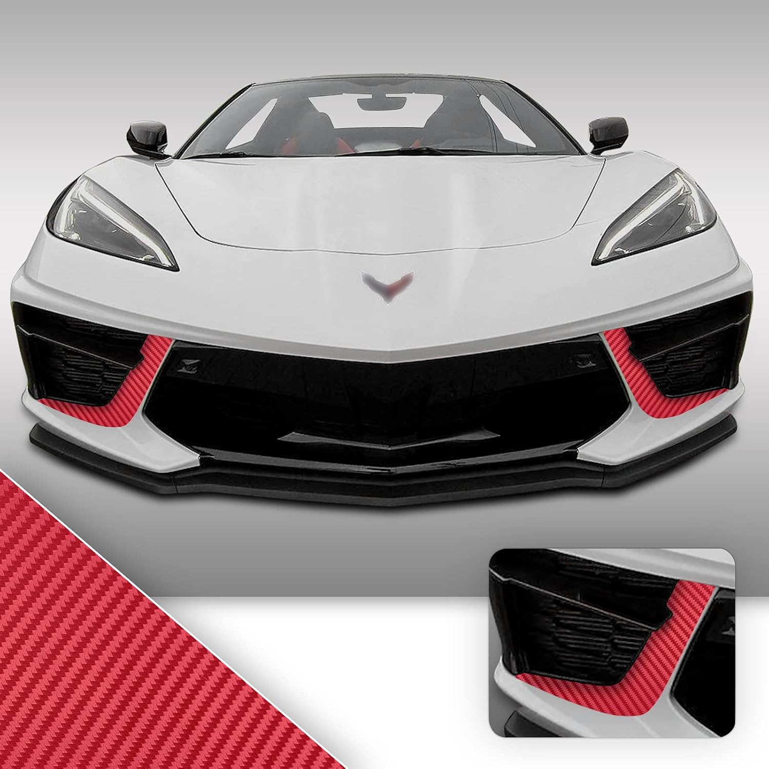 Front Bumper Air Intake Graphic Overlay Pre Cut Vinyl Decal Compatible with Chevrolet Corvette C8 2020 2021 - Carbon Fiber White