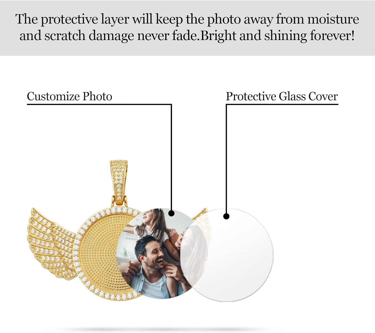 YIMERAIRE Custom Picture Chain for Men Women Angel Wing Round Pendant Picture Necklace Personalized Photo Necklace Customized Memorial Pendant with Image 24in Gold Cuban Chain