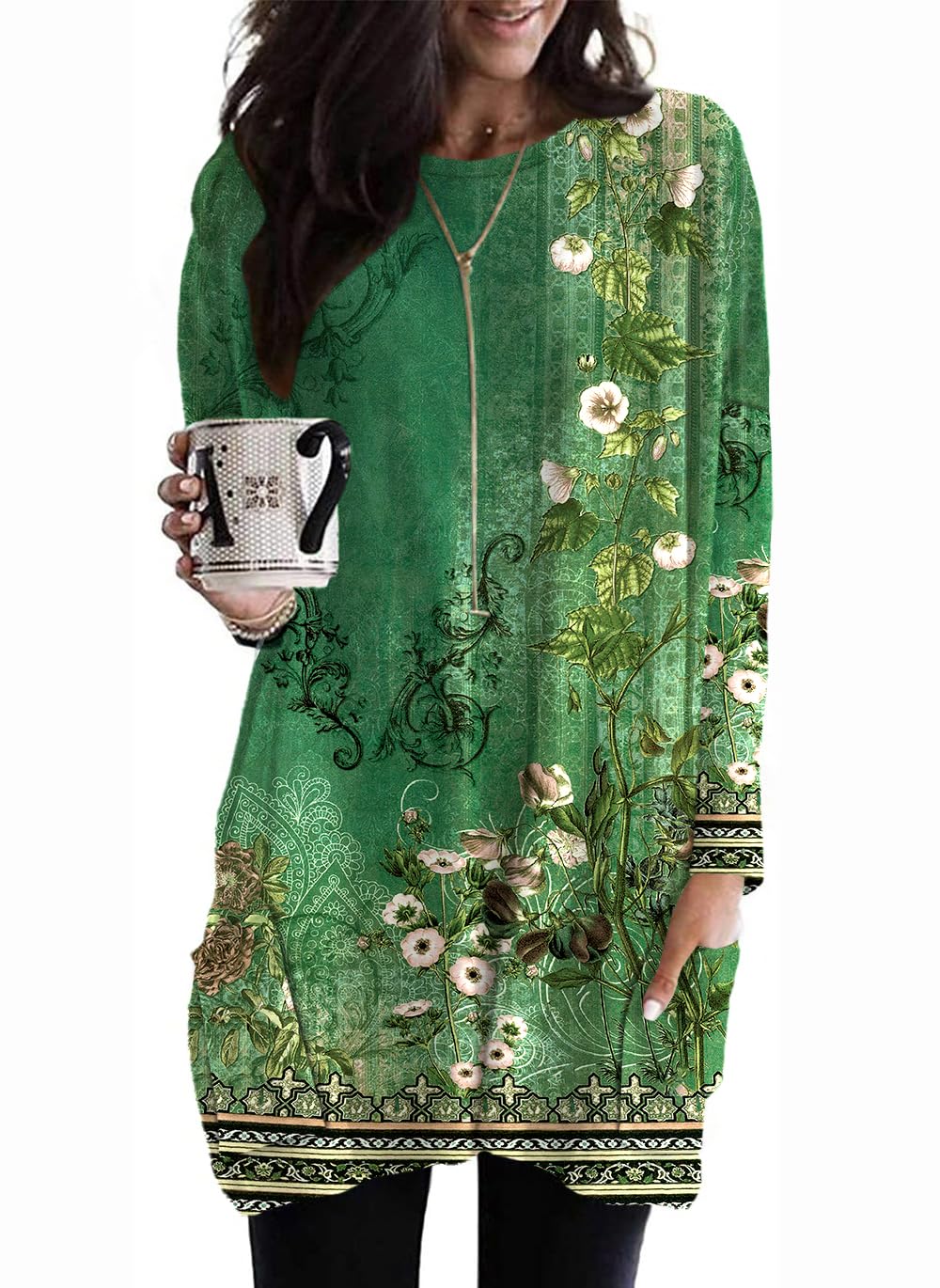 Womens Long Sleeve Tunic Tops with Pockets for Leggings Casual Long T Shirts Floral Print Blouses