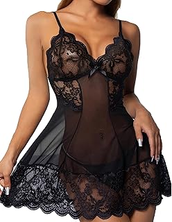Lingerie Femme Sexy Ensemble Lingerie en Dentelle avec Strings Col V Robe de Nuit Femme Transparent sous-vêtements Sexy Dentelle Nuisette