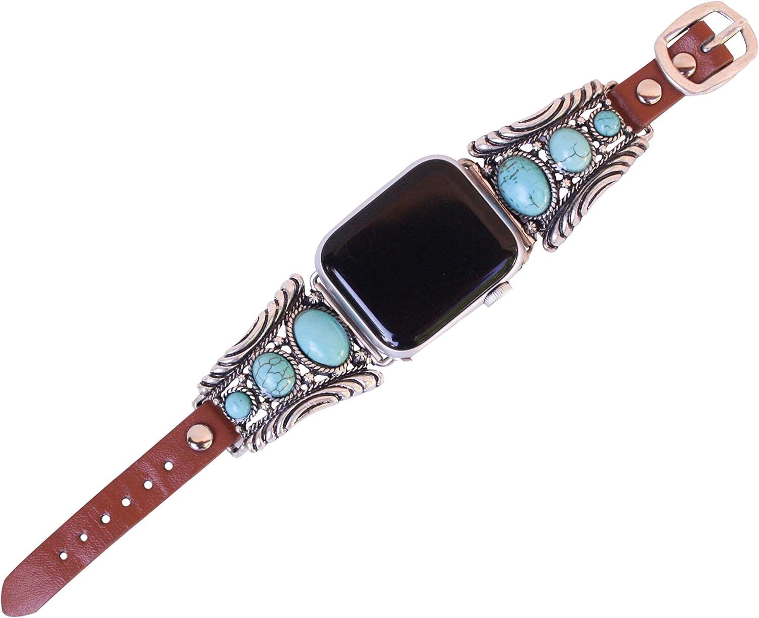 38mm, 40mm, 41mm compatible for Apple Watch Series 8,7,6,5,4, and SE Small Versions, Western Design Faux Turquoise Genuine Leather Band No.9