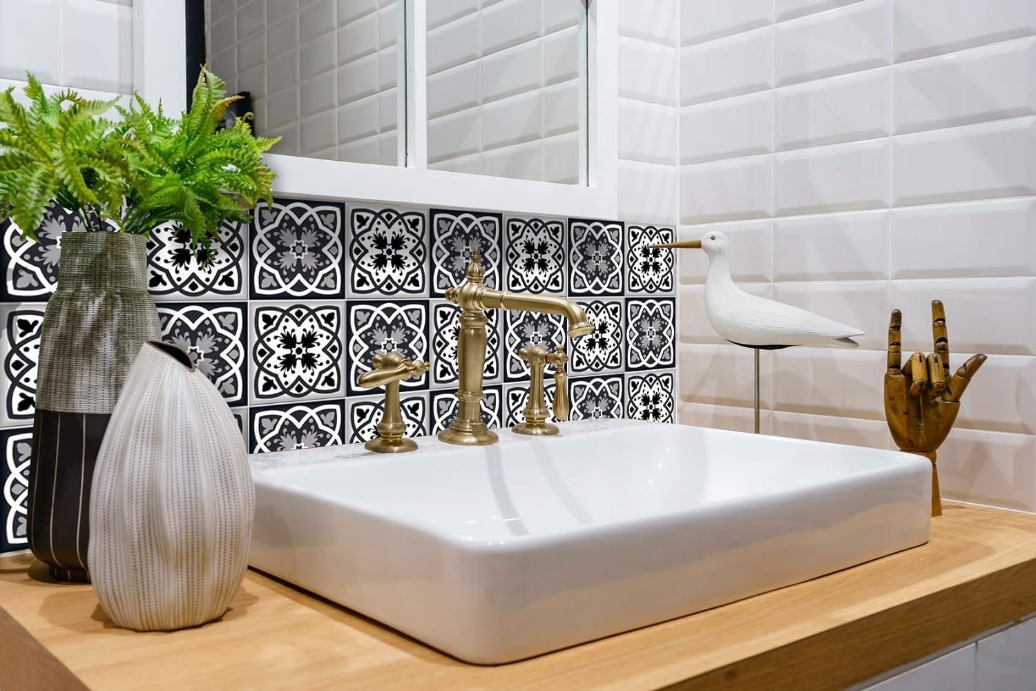Mi Alma Black and White Tile Stickers Peel and Stick Tile Stickers 24 PC Set backsplash Tile Decals Bathroom & Kitchen Vinyl Wall Decals Just Peel Stick Home Decor (Flowers Tiles, 7x7 Inch)