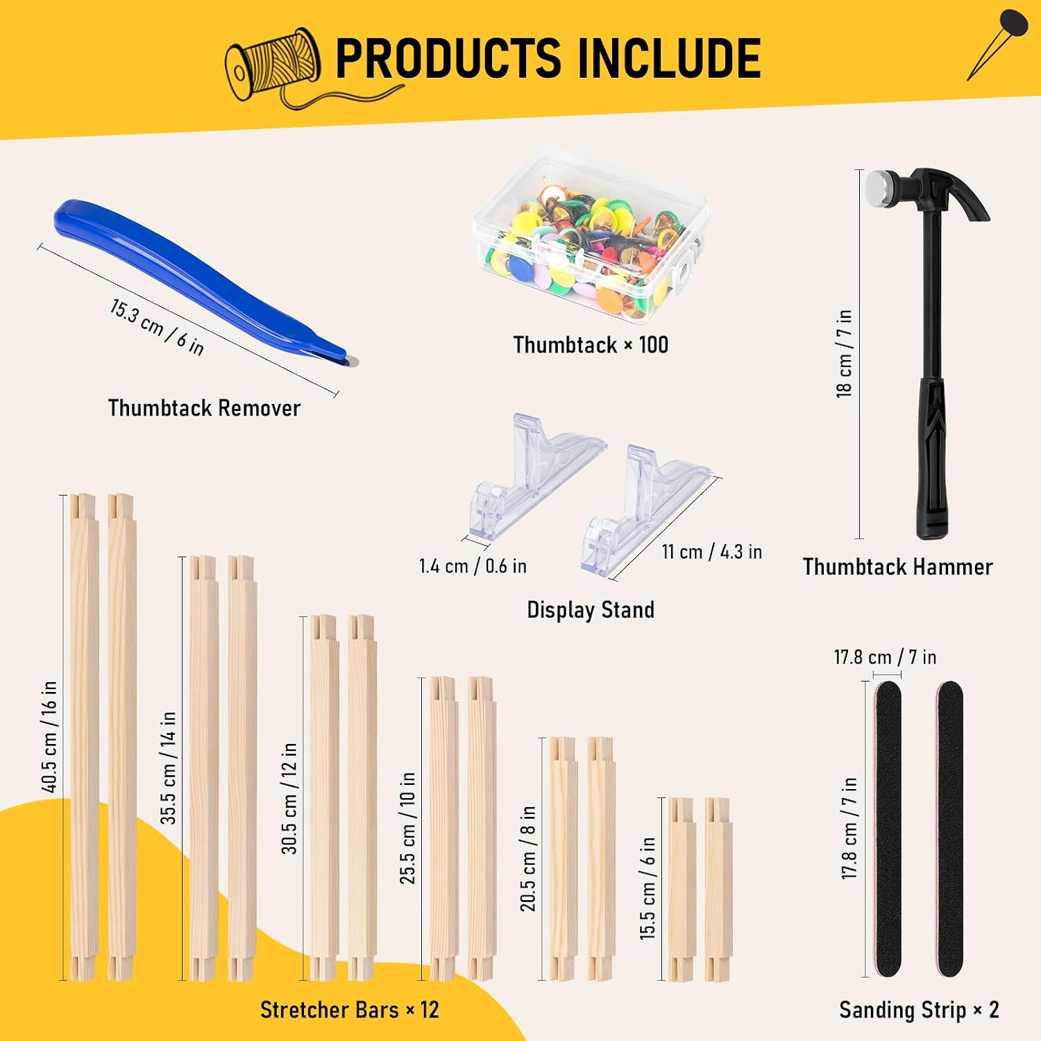 Needlepoint Stretcher Bars, 12PCS, 6 Size (6/8/10/12/14/16 Inch) Canvas Stretcher Bars with 100 Tacks, Nail Puller, Picture Frame Holder, Sandpaper, Hammer for Crafts Art