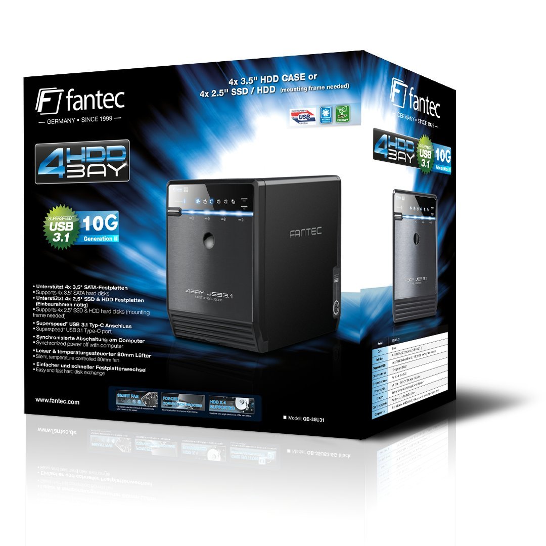 FANTEC QB-35U31 Boîtier pour le montage de 4 disques durs de 3.5" (8.89 cm). port USB 3.1- transfert de données 10 Go/s- ventilateur interne de 80 mm- protocole UASP- noir