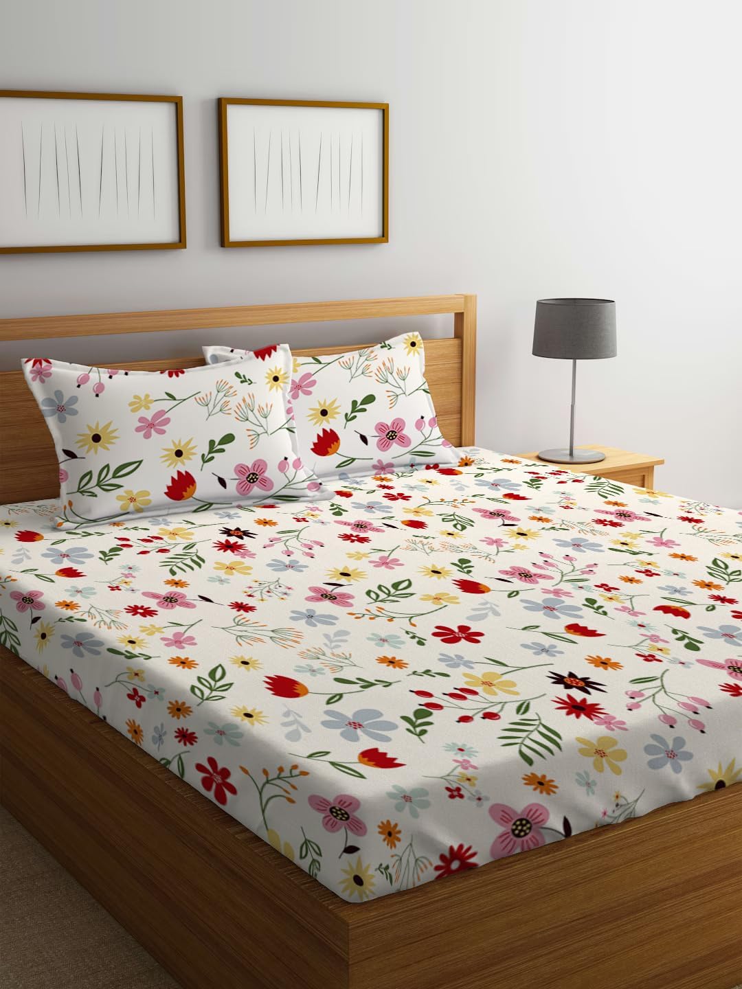 LOOMLYFE Cotton Feel Glace Cotton Elastic Fitted Printed King Size Double Bed Bedsheet with 2 Pillow Covers Fits Upto 12 inches Mattress,Size- 72x78x12 Inches,RedPink