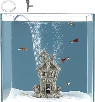 Carefree Fish Aquarium Haunted House Halloween Ghost Bubbler Decor Fish Hide-Out Ornament with 3Ft Tubing and Tiny Air StoneNo Included Air Pump