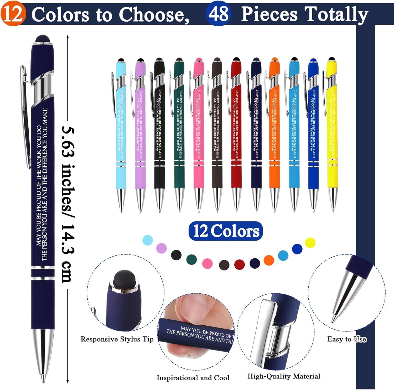 Qilery Employee Appreciation Pens Gifts Inspirational Ballpoint Pens Black Ink Metal with Stylus Tip Colorful Motivational Quote with Thank You Card Rope for Coworker Team Office Teacher Staff(48 Set)