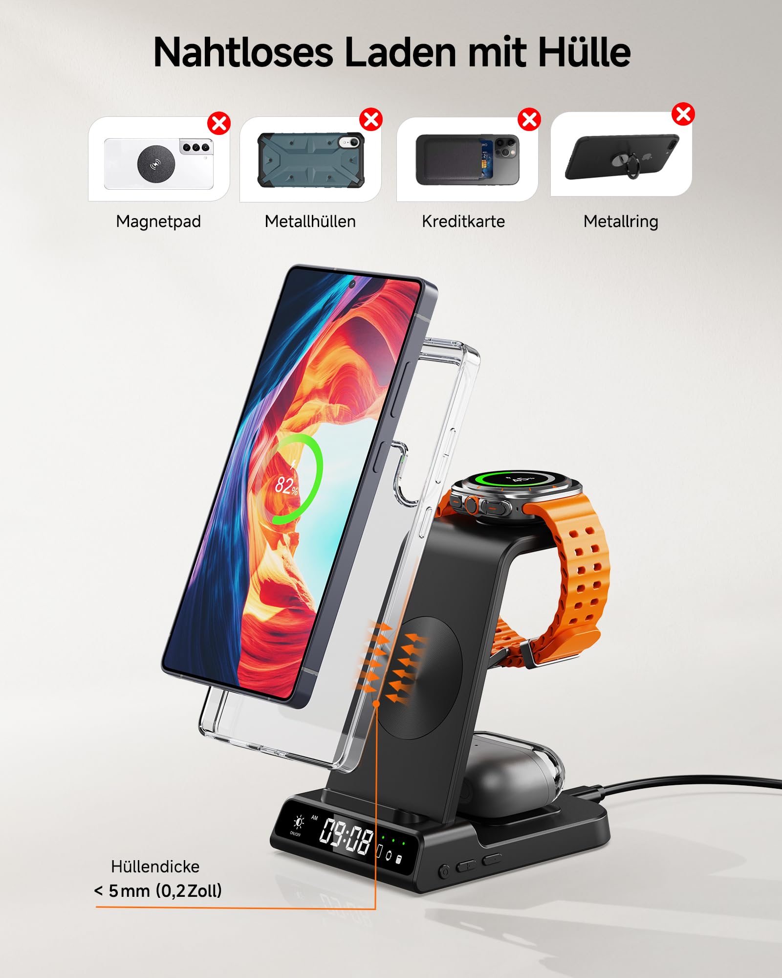 Induktive Ladestation für Samsung S26 Ultra, 3 in 1 Wireless Charger für Galaxy S26+/S25/S24/S23/Z Fold 6/Z Flip 7, Kabelloses Ladegerät für Galaxy Watch 8/Ultra/7/6, Galaxy Buds 3/Pro, Ohne Adapter