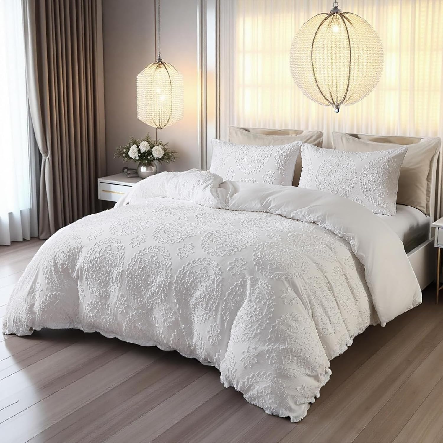 White Tufted Duvet Cover Set Boho Mandala Bedding Set Shabby Chic Jacquard Mandala Floral Bedding Vintage Retro Hippie Duvet Cover King Size Set