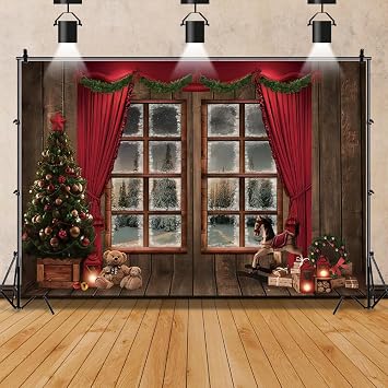Leowefowa 6x4ft Vinyl Winter Christmas Window Backdrop Winter Snow Forest View Xmas Tree Gift Vintage Wood Floor Photography Background for Happy New Party Decor Photo Booth Studio Props