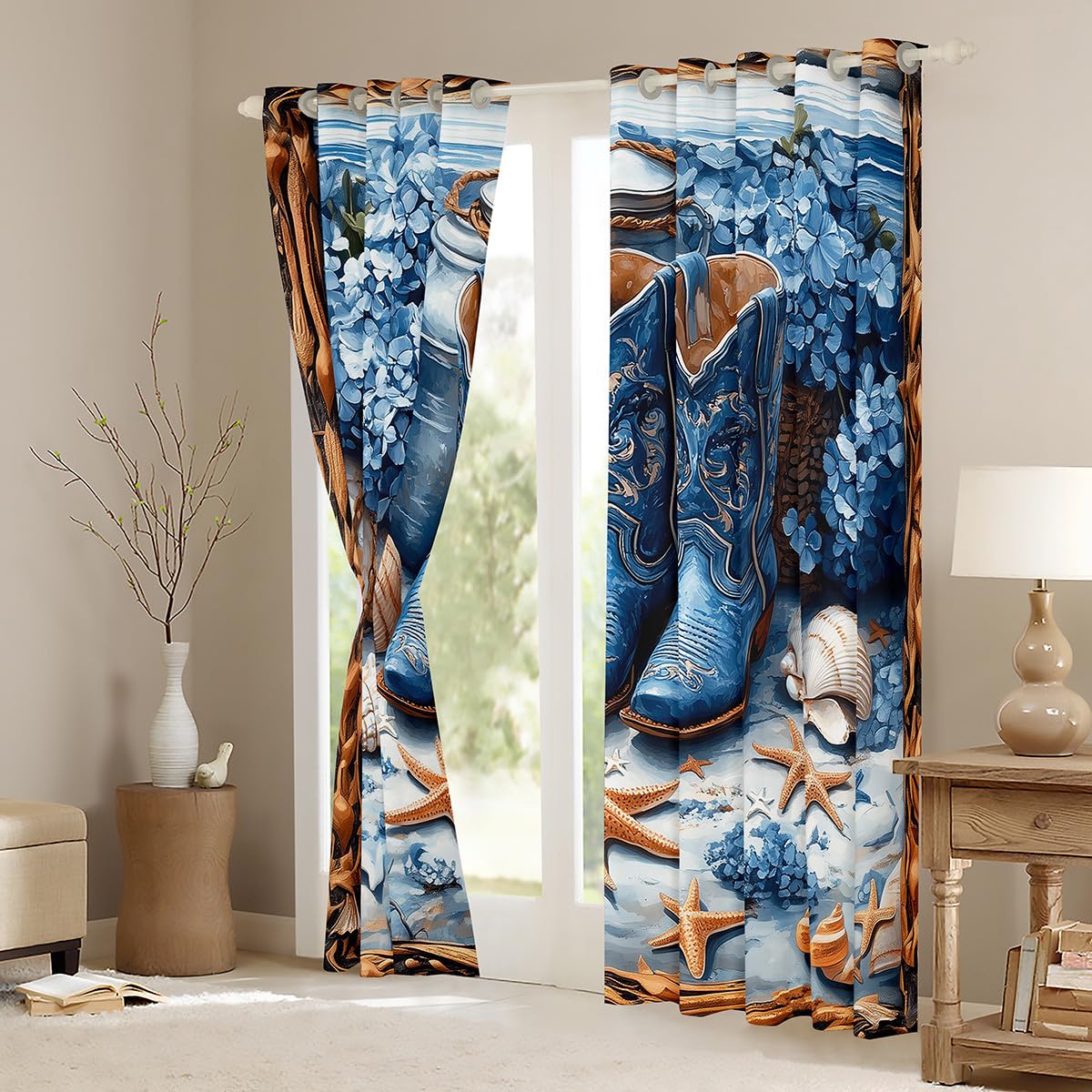 Tende per finestre con cowboy occidentale, con stivali tribali blu, fiori da spiaggia, stelle marine, conchiglie, conchiglie, tenda per camera da letto, tenda rustica in legno per