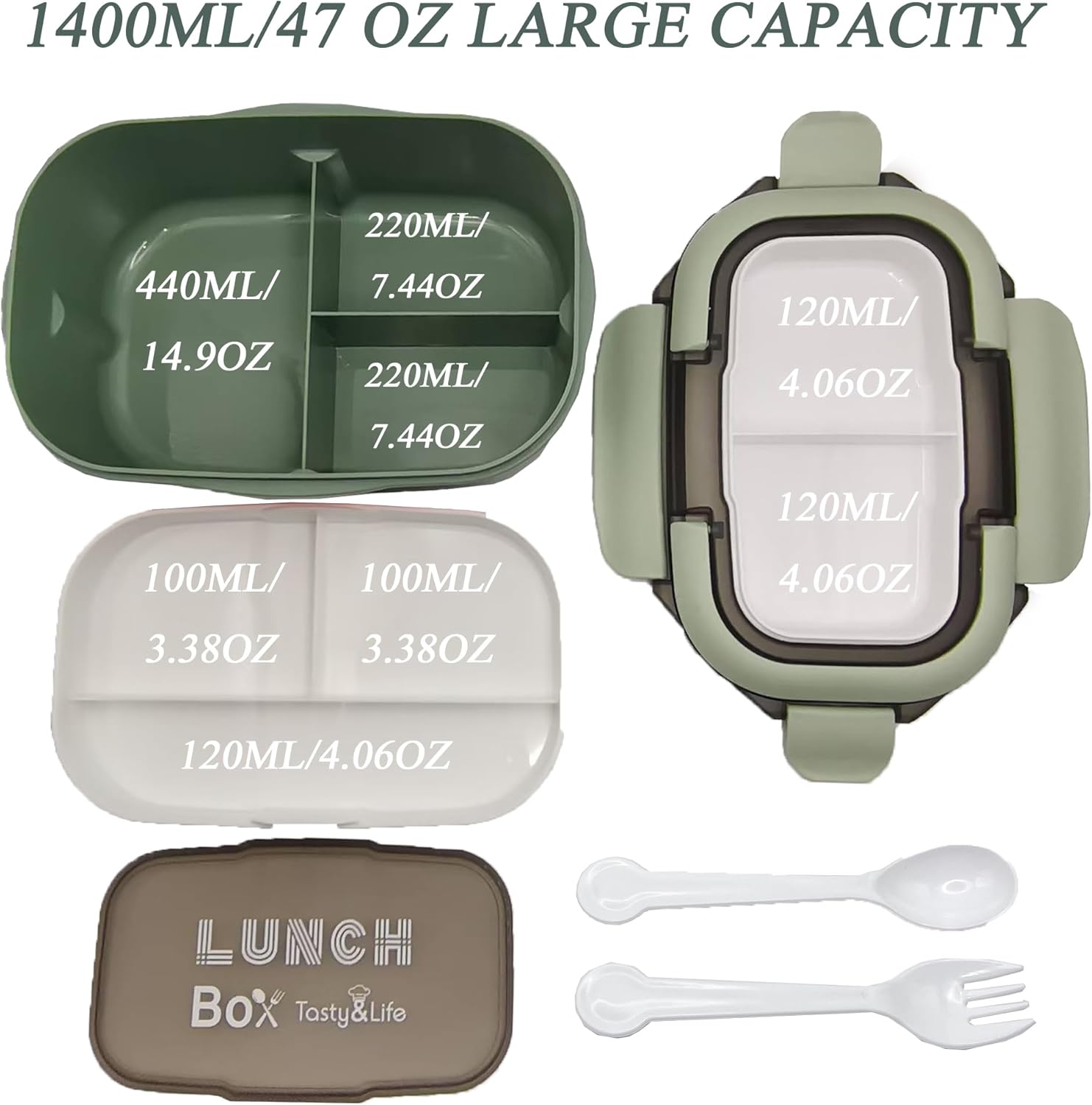 1400ML/47OZ Adult Bento Box, Leak-proof 3 Layers with Handle Portable Lunch Container, Lunch Box for Men and Women, BPA-Free, Microwave/Dishwasher/Freezer Safe, Reusable Snack Containers (Green) - Image 2