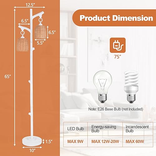 Miniatura 2 de Tangkula Lámpara de pie de granja, 65 pulgadas de alto, casa de campo rústica, 2 luces regulables, lámpara de pie de ratán de árbol, columna de