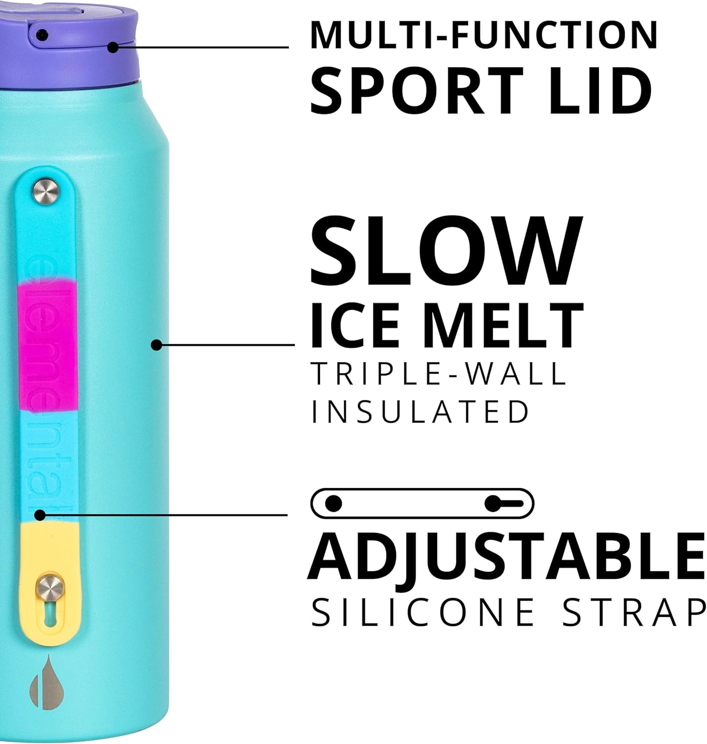 Elemental Iconic Stainless Steel Water Bottle with Straw - 32 oz Leak Proof Triple Wall Insulated Water Bottles for Travel and Sports - Reusable Gym Water Bottle with 2 Straws - Blue Tie Dye - Image 4