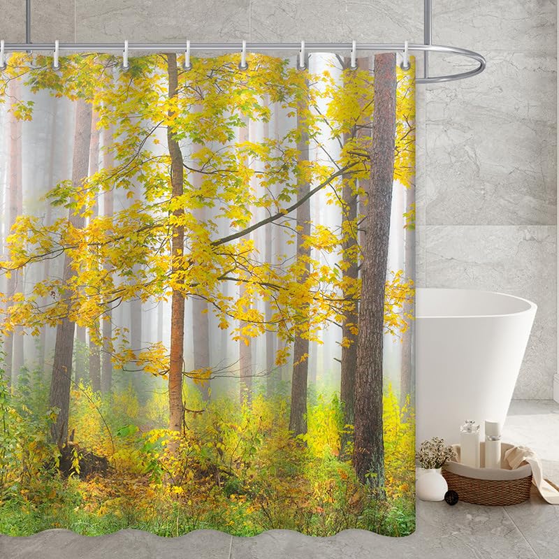 Tenda Doccia Albero Verde Giallo Antimuffa Tenda Finestra Bagno Impermeabile Poliestere Lavabile per Dormitorio Famiglia Hotel Tende Vasca da Bagno con 12 Ganci(180x220cm)