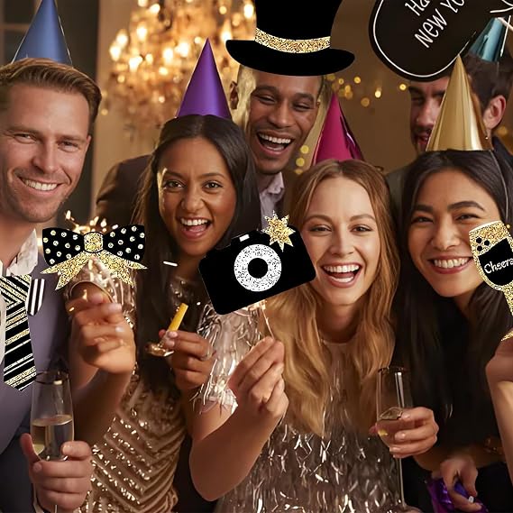 30 Pcs Party Photo Booth Props Kit, Assorted Photobooth Props (Like Hats Tie Props) for Birthday,New Years Eve Celebrations Marriage and Family Gathering Events New Years Eve Decorations