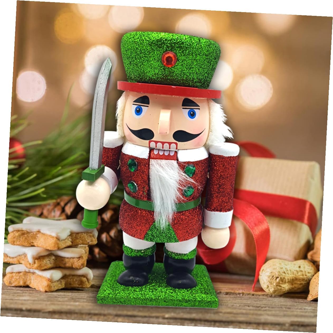 GARVALON Wooden Nutcracker Puppet Figure Christmas Traditional Nutcracker Soldier Figurine with Glitter for Tabletop Holiday Festival Decor