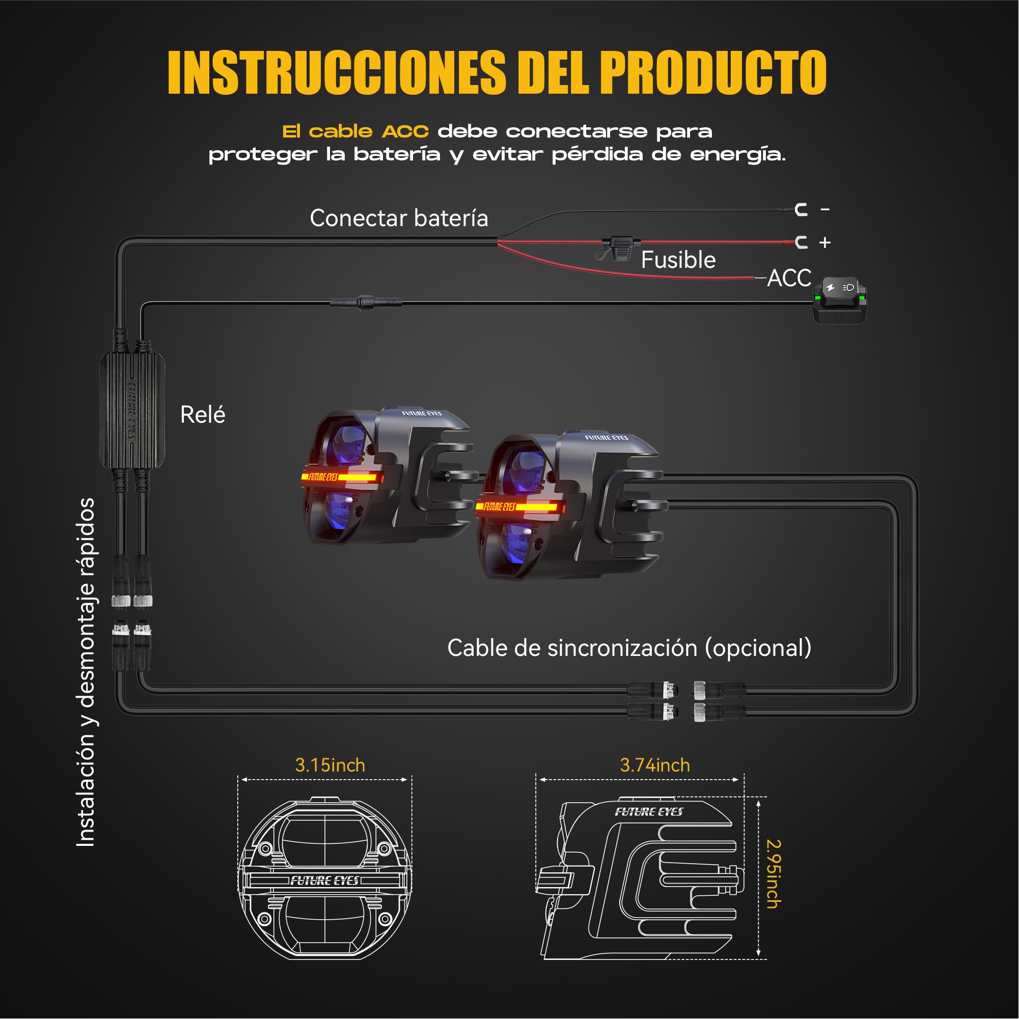FUTURE EYES Faros Antiniebla Moto Homologados E57 CE, 120W 12000LM Faros Auxiliares para , Luces LED Moto con Doble Lente, Luces Auxiliares IP67 Impermeables