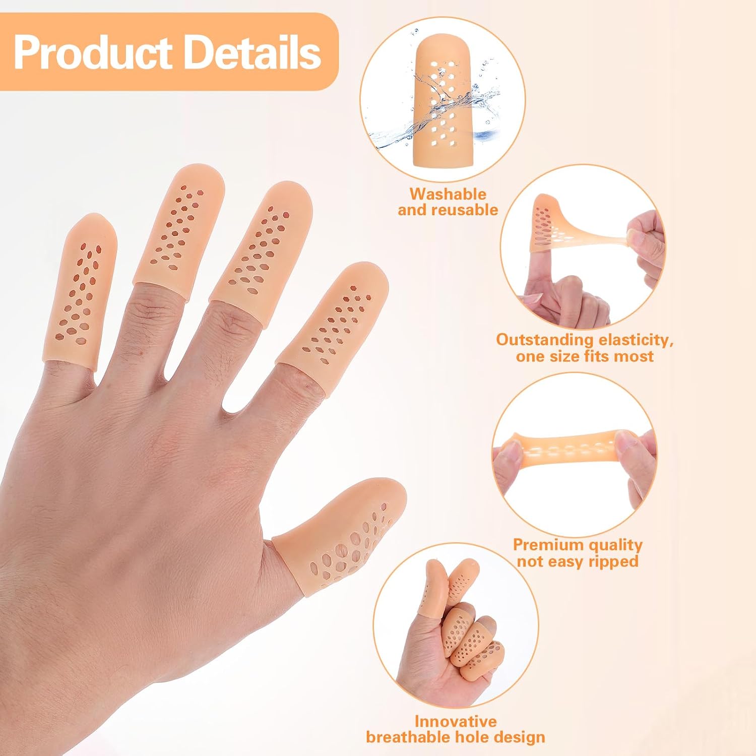 Qianyu 25 Pcs Gel Finger Cots with Air Holes, Silicone Fingertip Protectors Support Sleeves Cover Breathable Finger Cap Thumb Toe Glove for Wound Cracking Hand Eczema Arthritis Blisters Corn Calluses