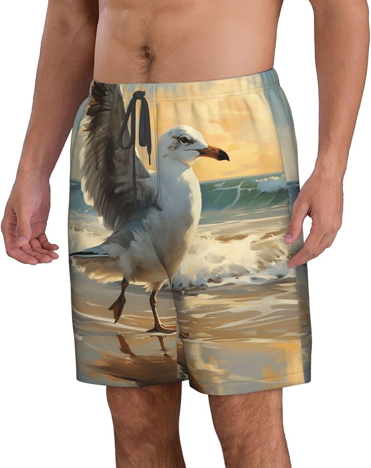 Men's Swim Trunks Quick Dry Bathing Suits Painting of a Seagull Beach Board Shorts Swimwear with Pockets White