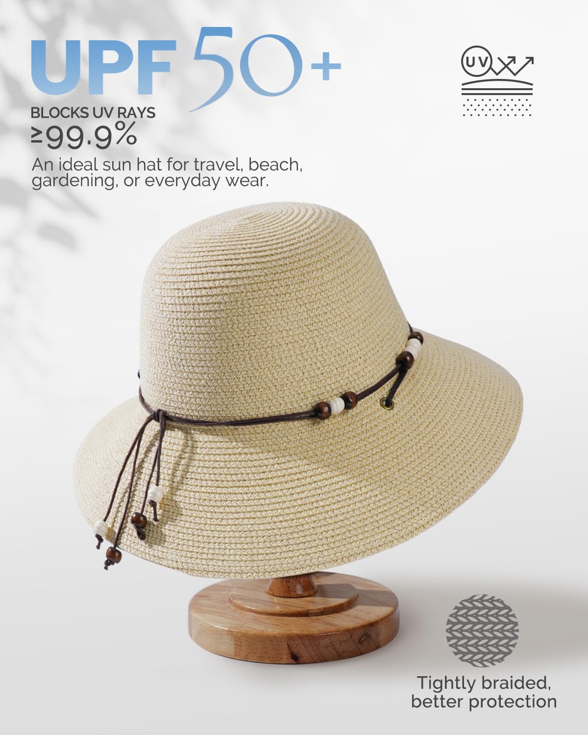 Creekstone Damska słomkowa czapka przeciwsłoneczna, ochrona przed promieniowaniem UV UPF 50+, lekka słomkowa czapka typu bucket hat, letnia podróż