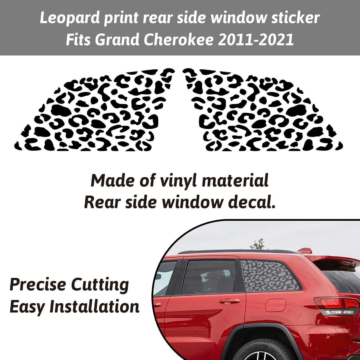 Zhizhong Rear Side Window Leopard Cheetah Decal Compatible with 2011-2021 Jeep Grand Cherokee, Precut Matte Black Back Side Window Glass Vinyl Sticker (A Pair)