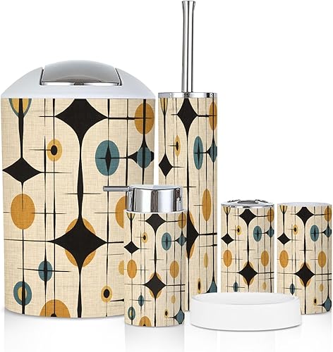 Bathroom Accessory Set 6 Piece Mid Century Vintage 1950s Modern Retro Circular Motifs Patterns Trash can, Toothbrush Holder, Soap Dispenser, Soap