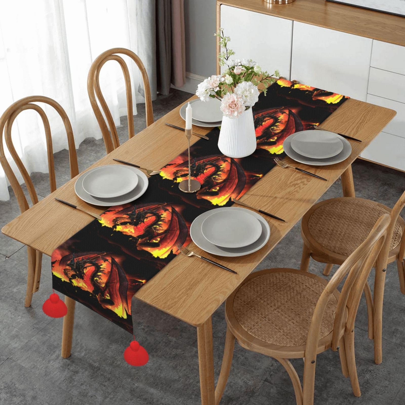 Chemin de table Noël dragon volcan pour repas de fête intérieur extérieur