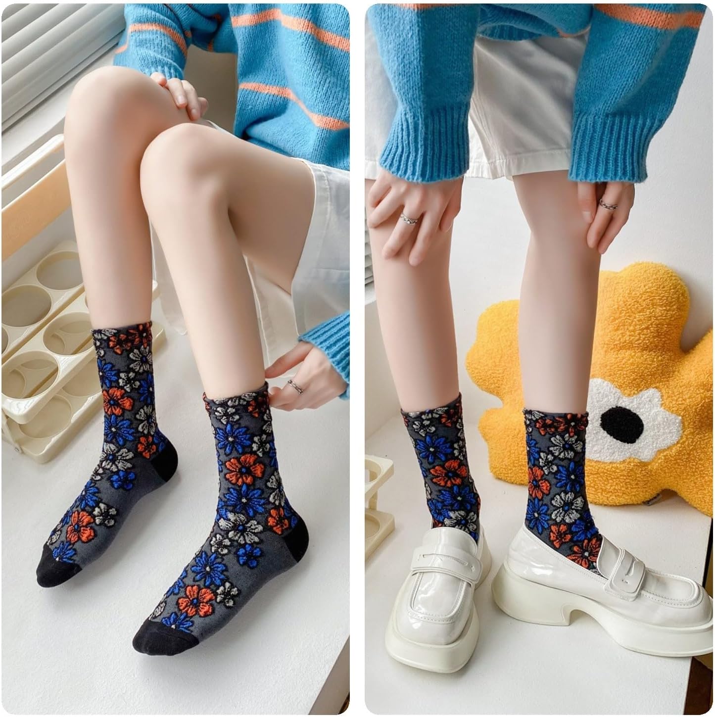 Vintage Embroidered Floral Socks for Women, Combed Cotton Crew Socks - Image 6