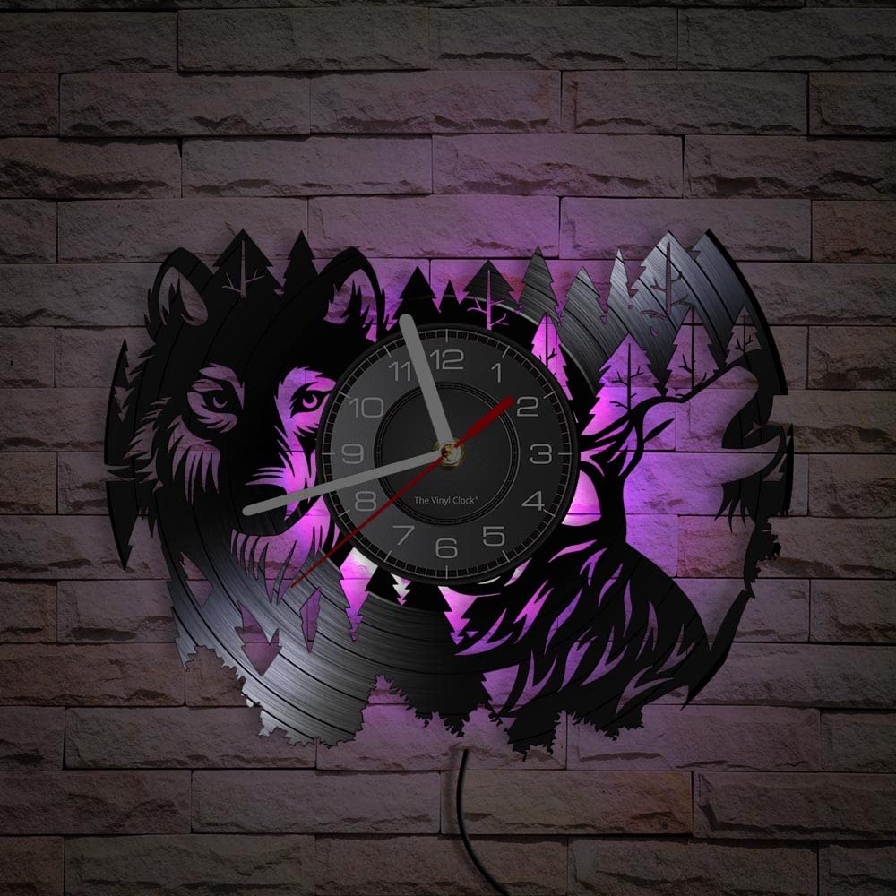 Timethink 12 Inch Wildlife Wolf Wall Clock 7 Kinds of LED Color, Vintage Decorative Analog Black Vinyl Record Wall Clock Silent Quartz Non Ticking for Bedroom Living Room Man Cave Decor Hunters Gifts
