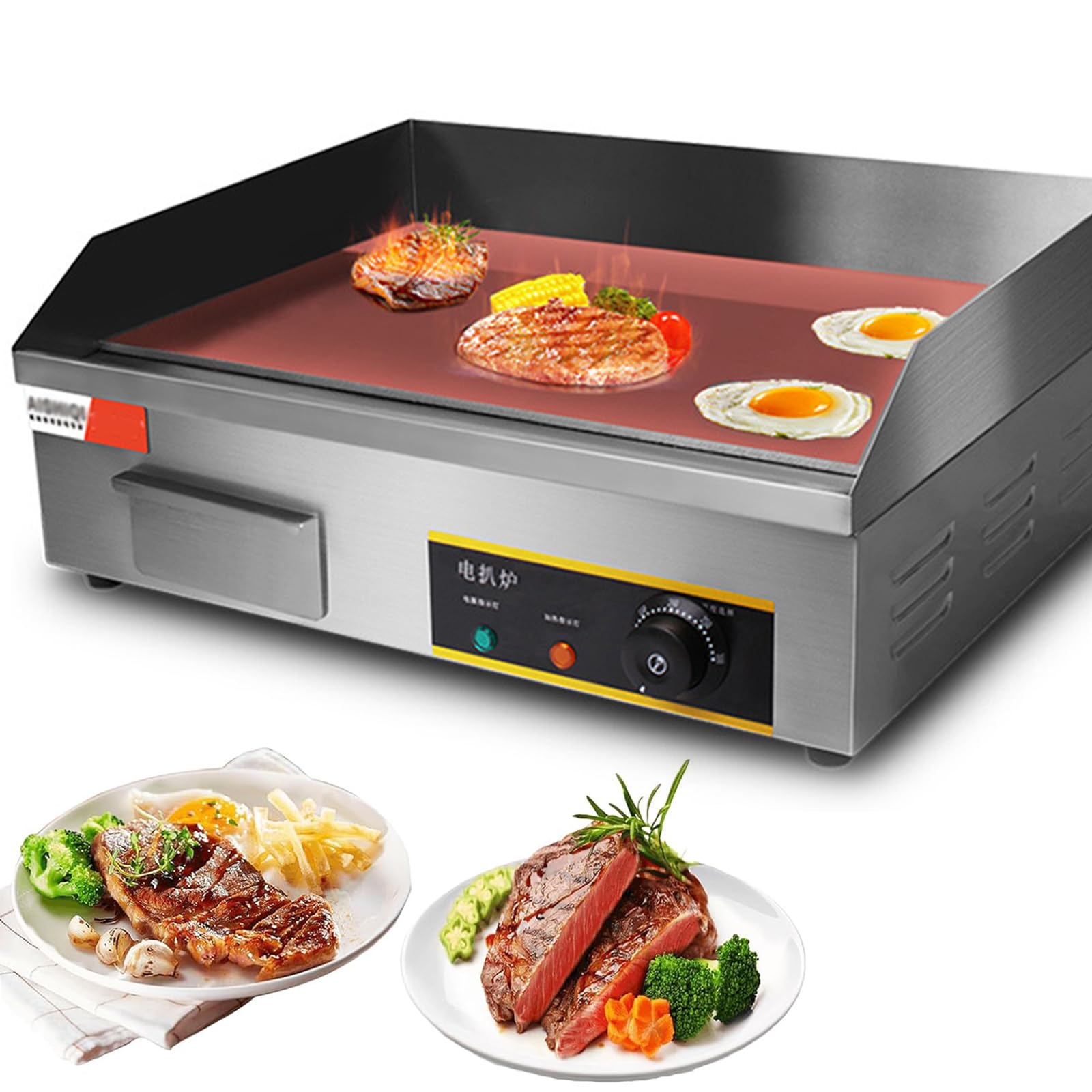 2900W 21.6Inch Piastra Elettrica Professionale Barbecue Griglia da Banco in Acciaio Inox Piana Antiaderente Controllo Termostatico Regolabile per Casa O Luoghi Commerciali
