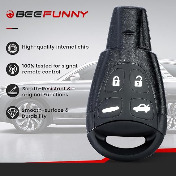 Beefunny Remote Key Fob Replacement for Saab 9-3 9-5 2003 2004 2005 2006 2007 2008 2009 2010 2011 Smart Entry Car Remote Control KeyFob 4 Buttons 433MHz FCC ID: LTQSAAM433TX
