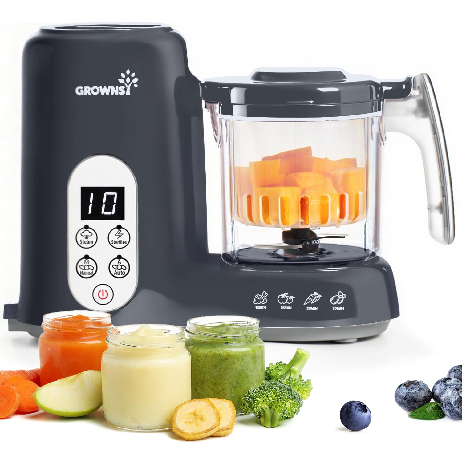 GROWNSY Premium 4-in-1 Baby Food Processor: Steamer, Blender, & Sterilizer (Dark Grey)