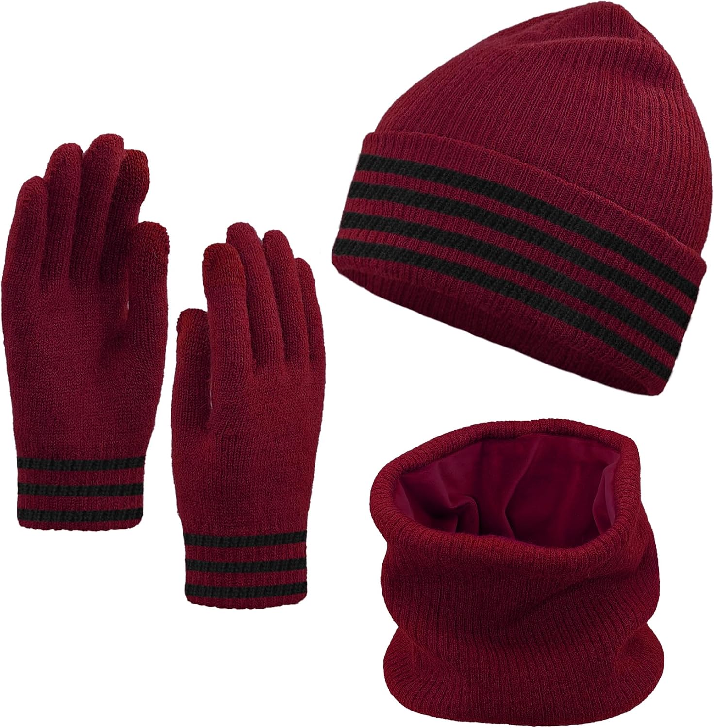 3 pcs Knitted Winter Warm Set For Women Men, Snow Beanie Warm Hat Touch Screen Gloves Scarf For Cold Weather W-M-M3