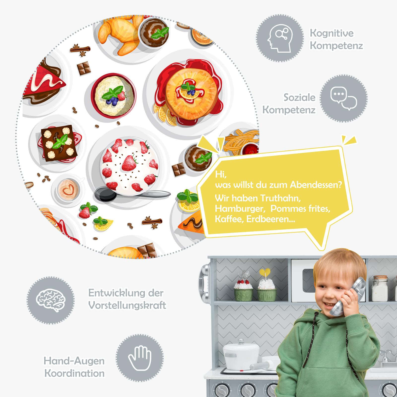 DREAMADE Spielküche Kinderküche mit Licht und Sound, Kinderspielküche mit Spüle Herd Backofen Mikrowelle, Kinder Küche aus Holz mit Spielzubehör für Kinder ab 3 Jahren