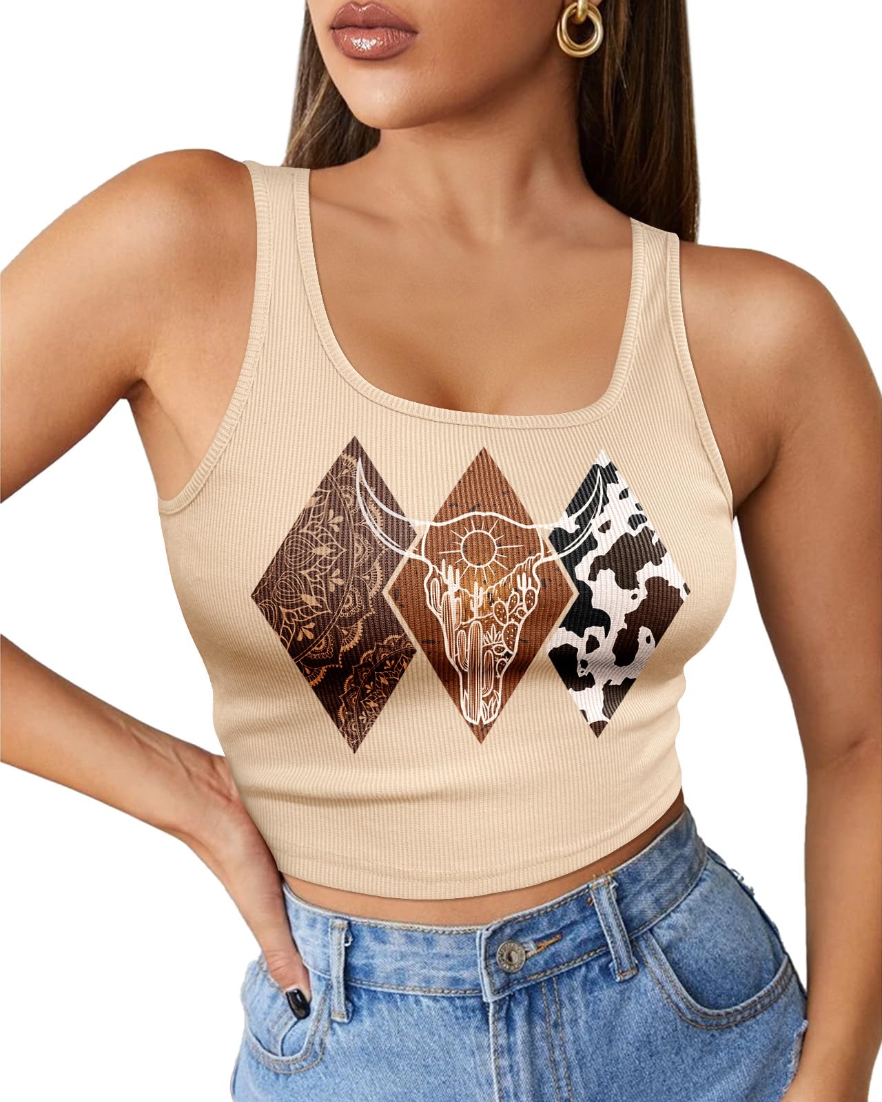 Flafens Crop Tops for Women Summer Tank Tops - Cute Ribbed U Neck Graphic Sleeveless T Shirts Yoga Gym Short Tanktops
