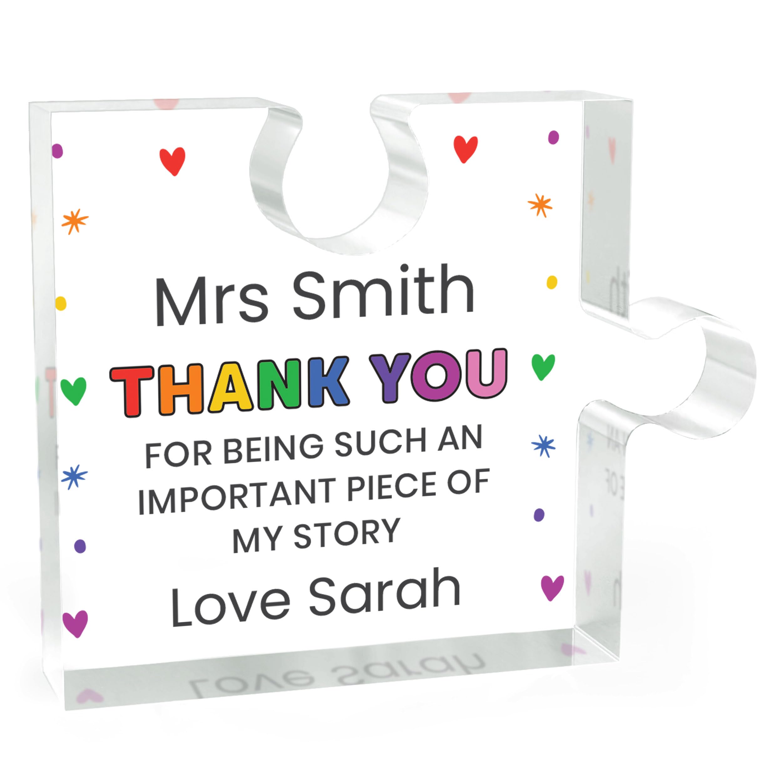 Beecreative Personalised Thank You Teacher Gifts - Clear Acrylic Puzzle Piece - Teacher Appreciation Present - With Gift Bag