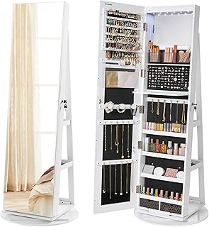 SONGMICS 6 LEDs Lockable Mirror Jewelry Cabinet, 360° Swivel Jewelry Org...