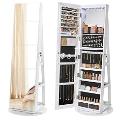 SONGMICS 6 LEDs Lockable Mirror Jewelry Cabinet 360 Swivel Jewelry Organizer Armoire Standing Frameless Full-Length Mirror 3 Storage
