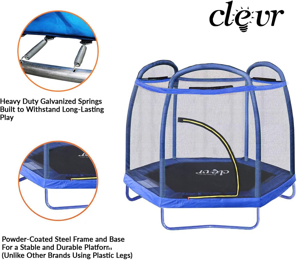 Clevr 7ft Kids Trampoline with Safety Enclosure Net & Spring Pad, Mini Indoor/Outdoor Round Bounce Jumper 84", Built-in Zipper Heavy Duty Steel Frame, Great Gift for Kids