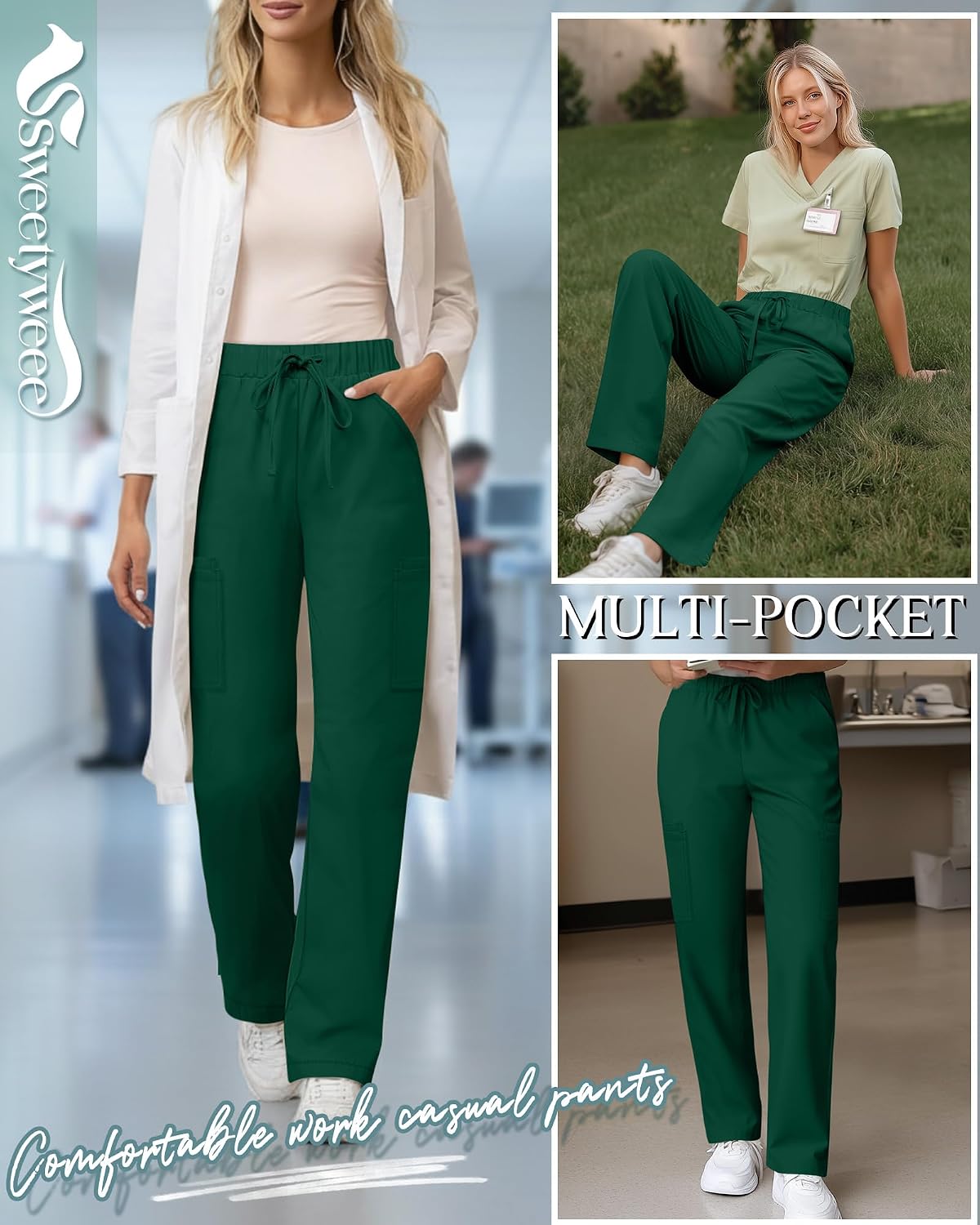 Women's Scrub Pants Lightweight Wide Leg Cargo Scrub Pants with 6 Pockets Nurse Drawstring Pull on Bottoms