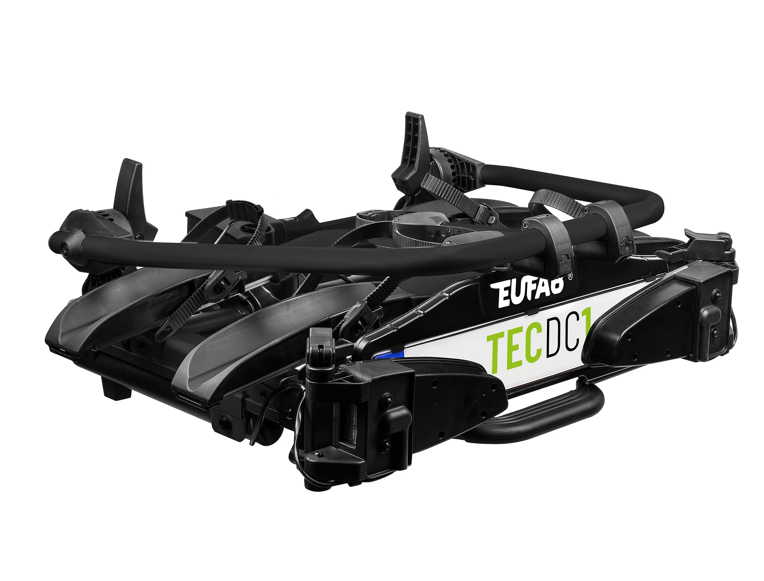 EUFAB 11650 Fahrradträger TECDC1+, Heckträger für 2 E-Bikes, 60 kg Nutzlast, abklappbar Fußpedal, LED-Rückleuchten, vormontiert, Schwarz