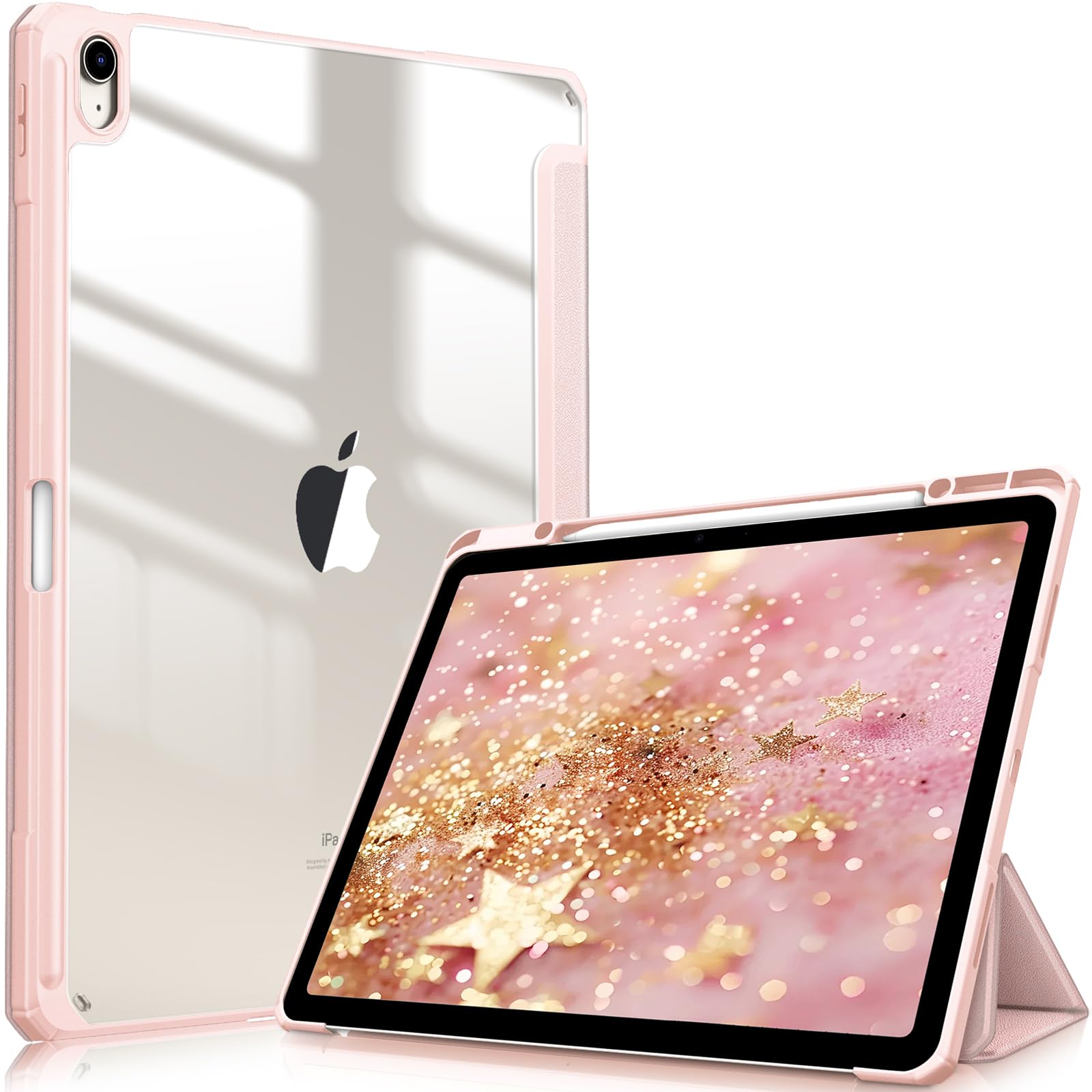 FINTIE Hybrid Case for iPad Air 13-inch (M3) 2025, (M2) 2024, [Built-in Pencil Holder] Shockproof Cover with Clear Transparent Back Shell, Auto Wake Sleep, Rose Gold