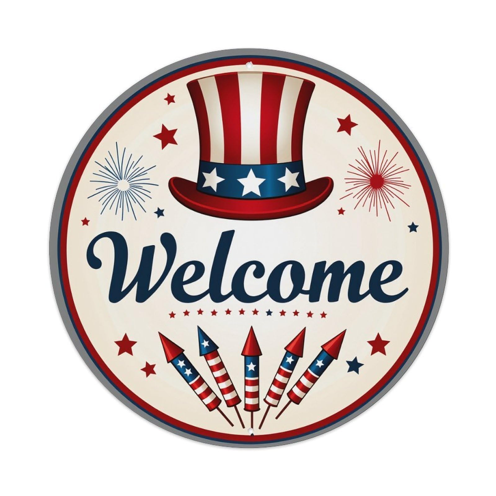 American Flag Hat Fireworks Stars Welcome Round Tin Sign Vintage Metal Poster, Home Bar Garage Man Cave Cafe Indoor & Outdoor Wall Decoration 8x8Inches