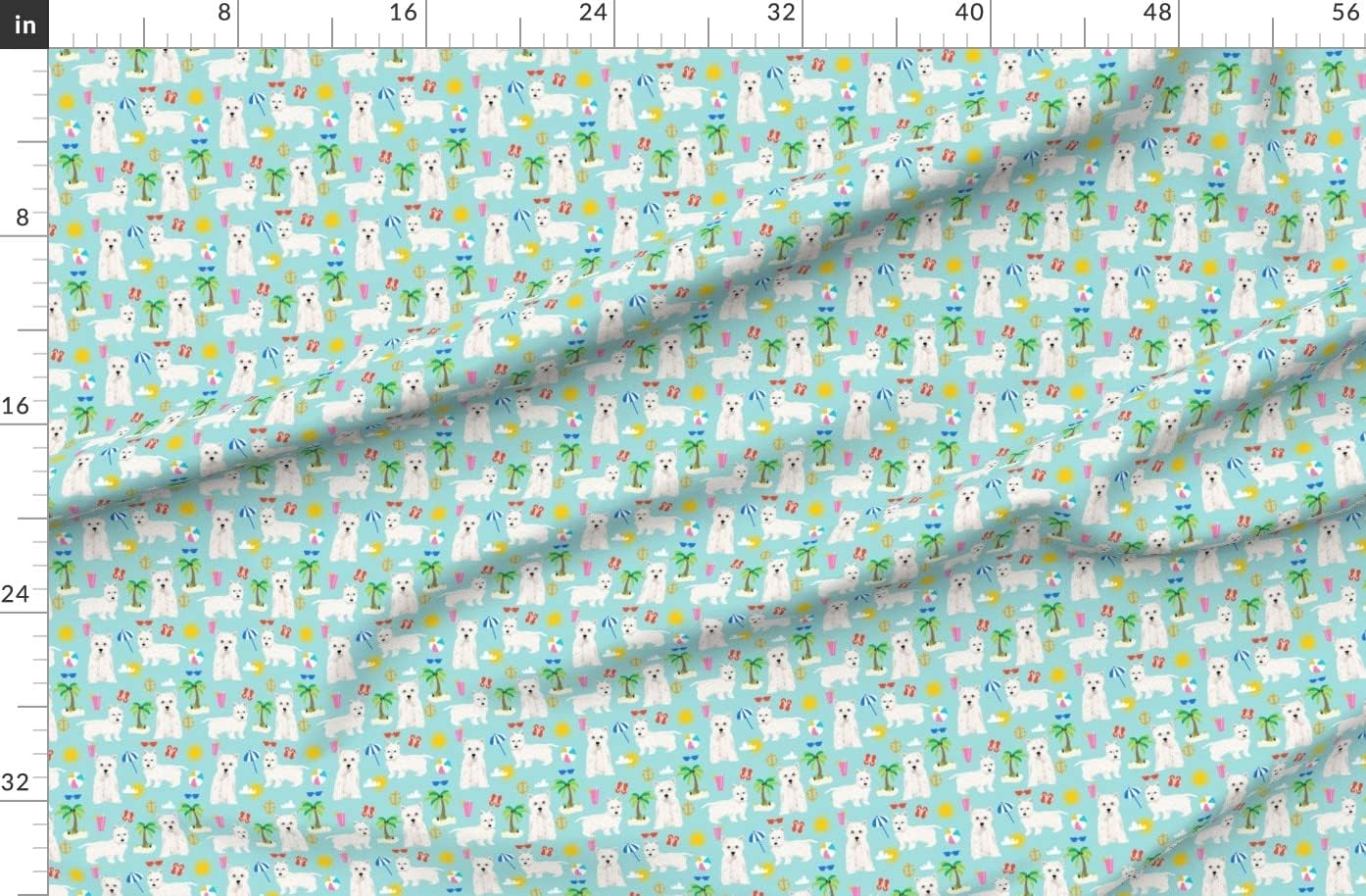 Spoonflower Fabric - Westie Dogs Beach Summer Tropical Light Blue Dog West Highland Terrier Printed on Organic Cotton Sateen Fabric by The Yard - Sewing Quilting Apparel Home Decor